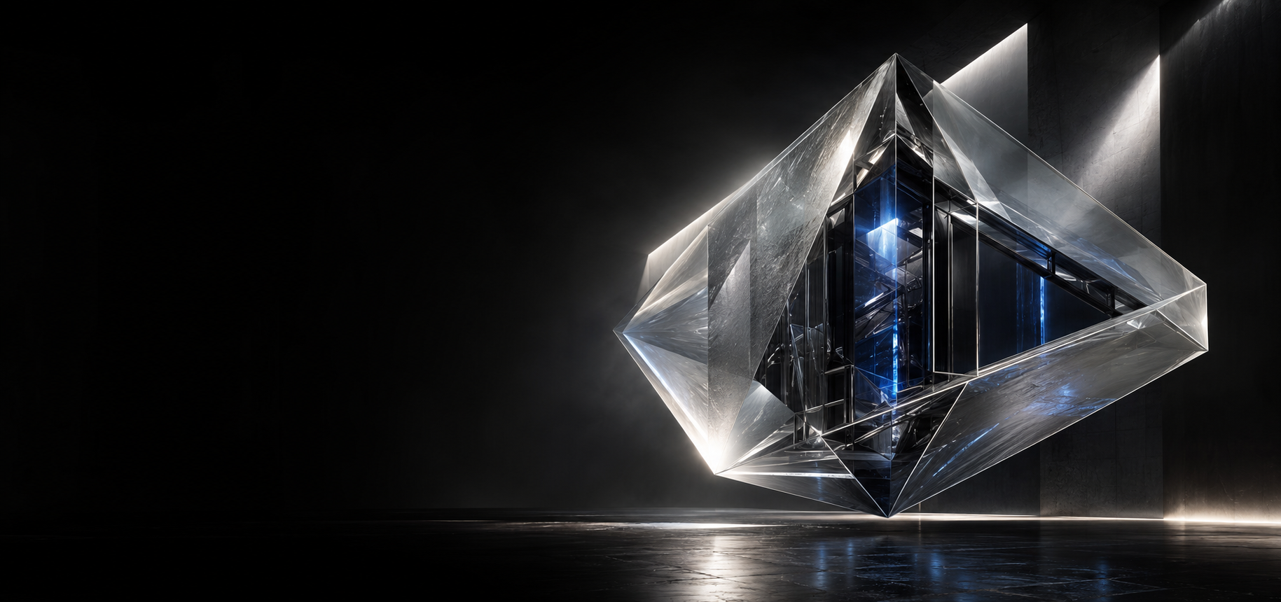 A sculptural glass prism representing clarity and precision